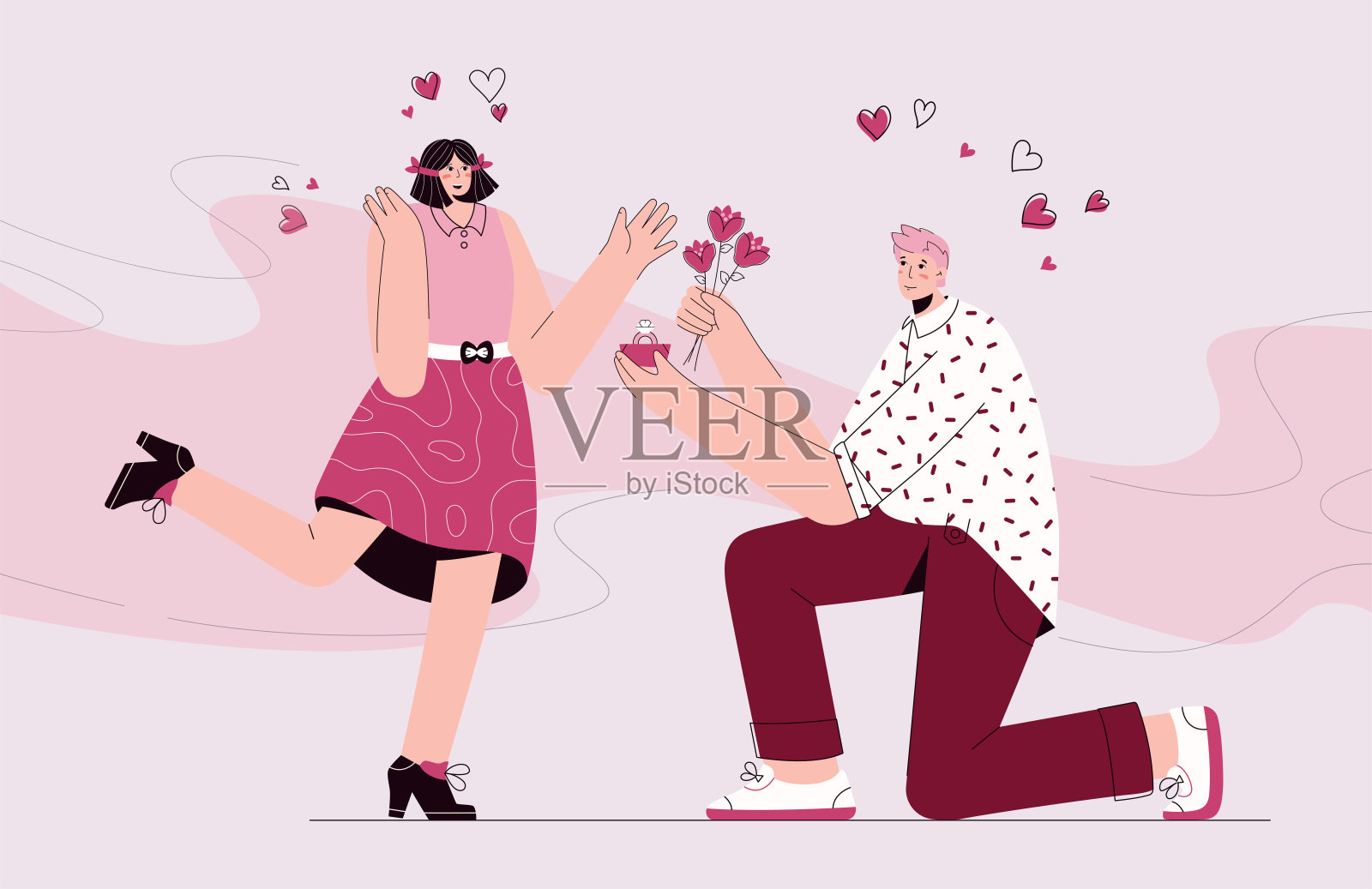 恋爱中的男人跪着向幸福的女人求婚插画图片素材