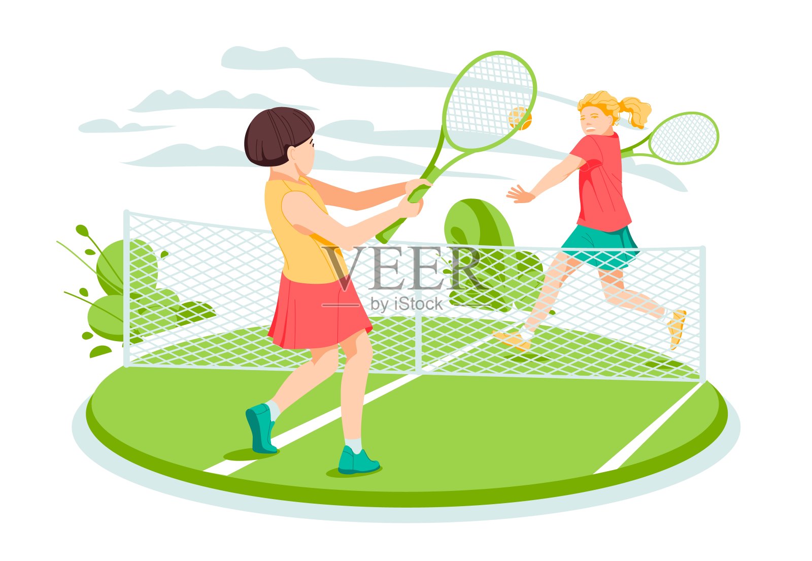 两名女子网球运动员在网球场。平面卡通矢量插图。插画图片素材