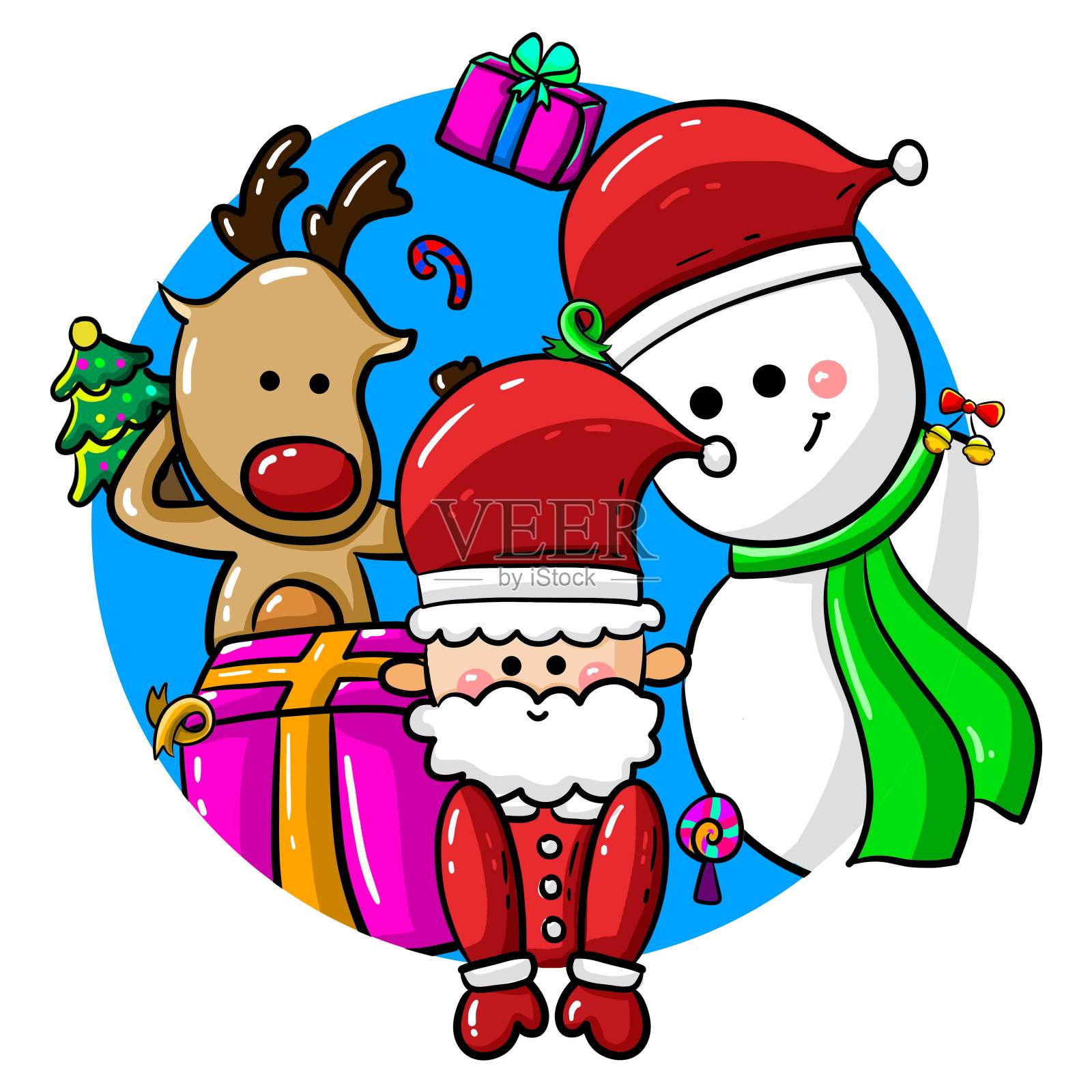 手绘圣诞老人麋鹿和小雪人设计元素图片