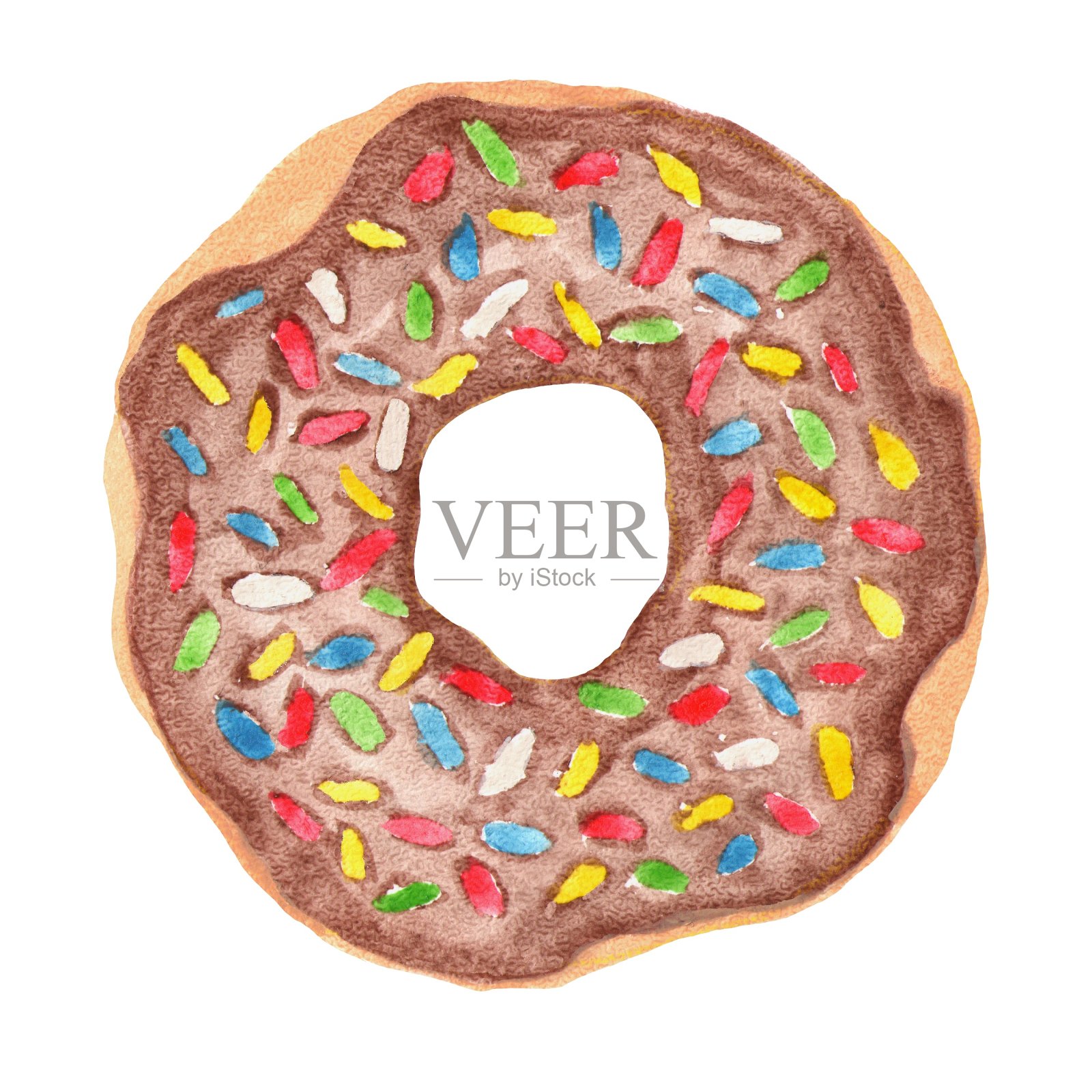 水彩插图的甜甜圈与巧克力釉和彩色的点缀设计元素图片