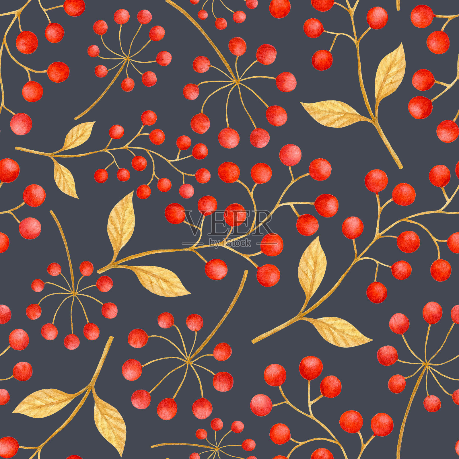 深灰色背景上的红色浆果无缝图案插画图片素材