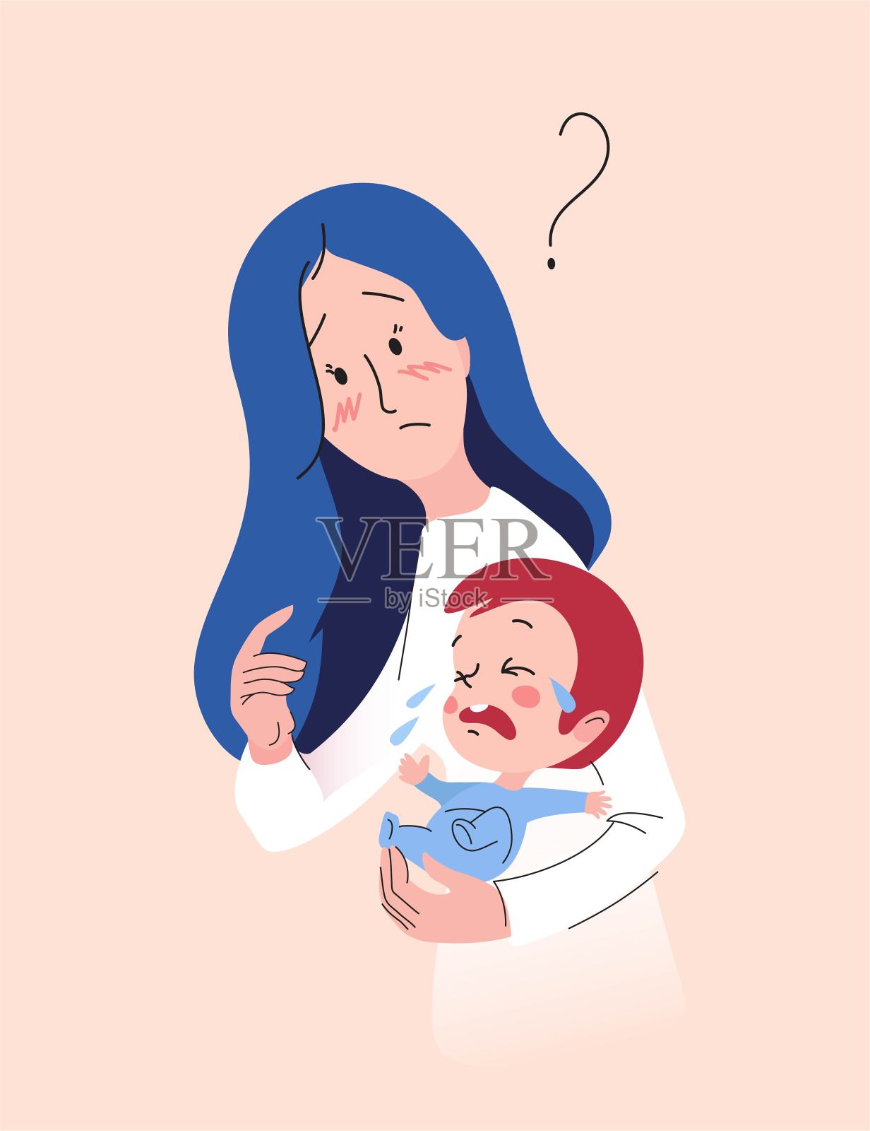 焦急的母亲抱着刚出生的儿子哭泣。插画图片素材
