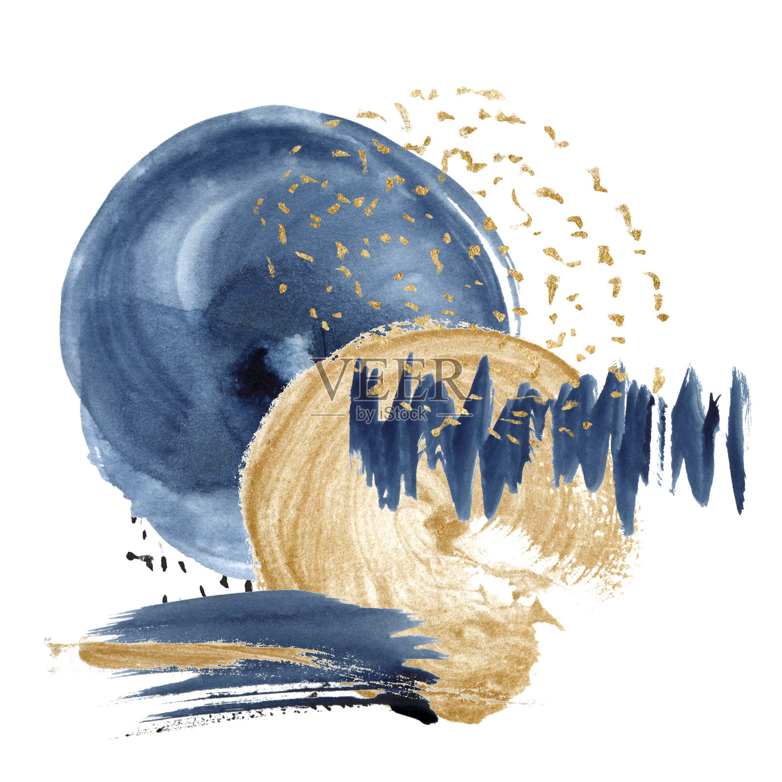 水彩深蓝色和金色抽象卡。手绘水下卡圈海洋纹理。海洋插图设计，印刷，织物或背景。插画图片素材