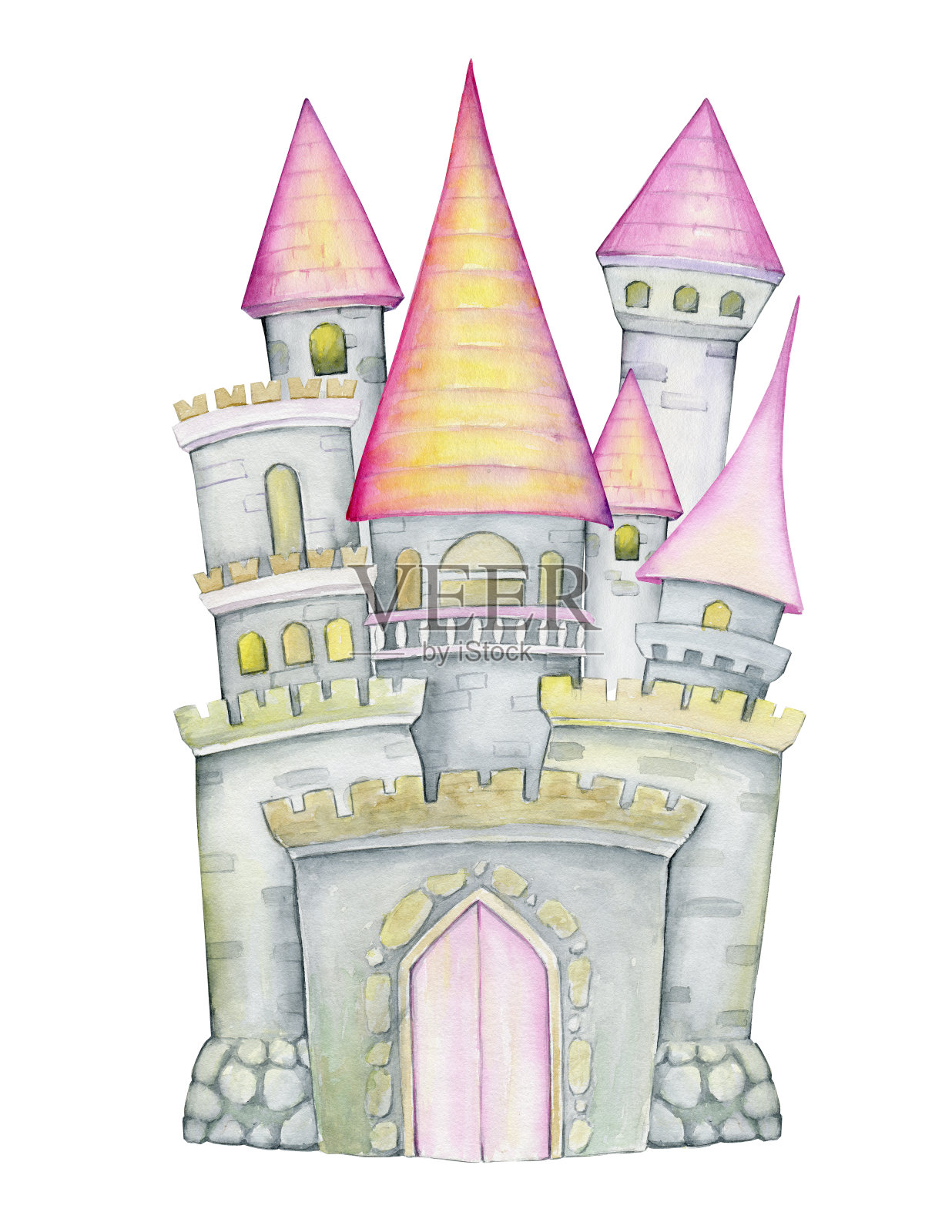 奇妙，城堡，水彩纹理，石头和砖，手绘。公主和独角兽的宫殿，卡通风格，在一个孤立的背景。插画图片素材
