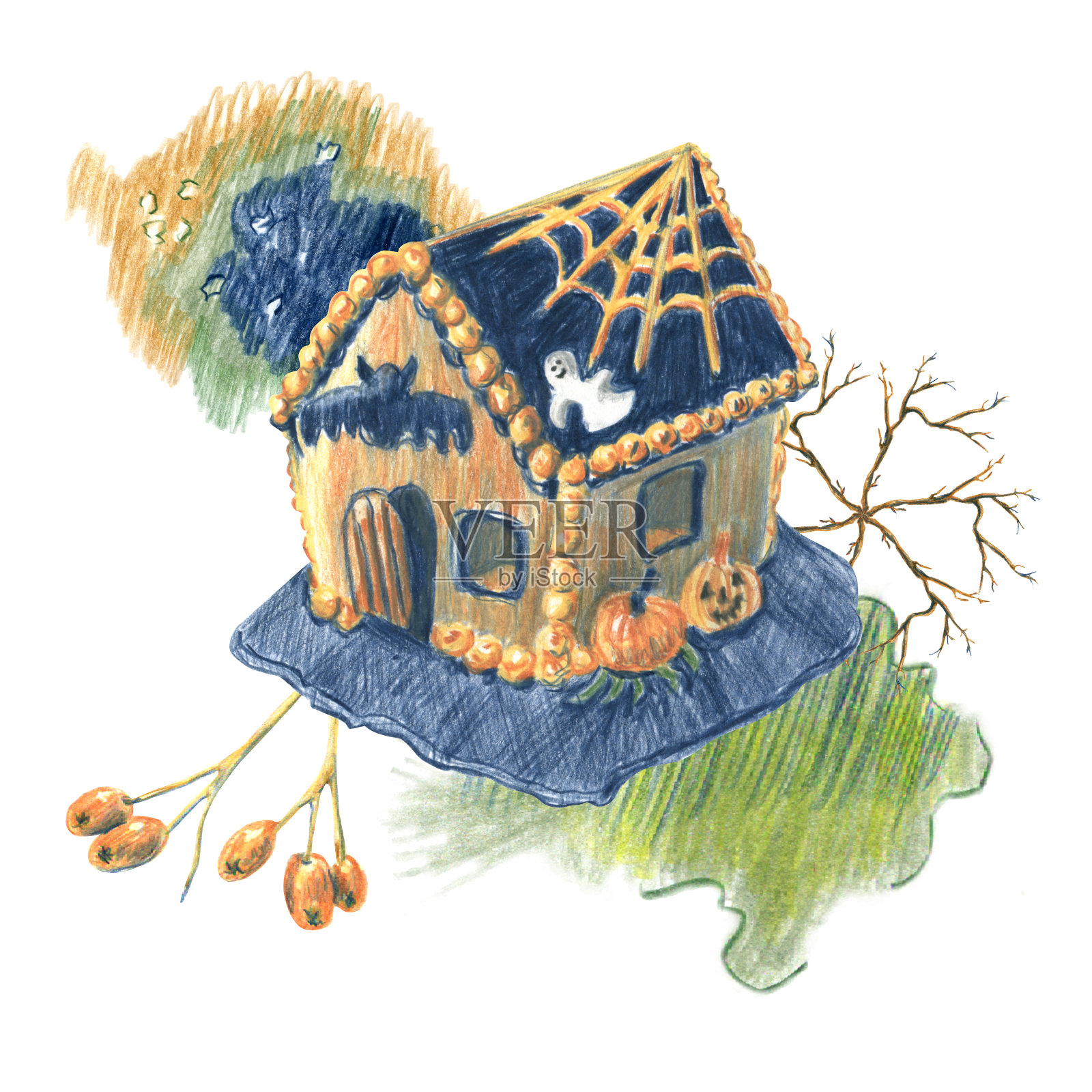 万圣节气氛的组成与房子，彩色铅笔和花卉元素的污点。手绘。插画图片素材