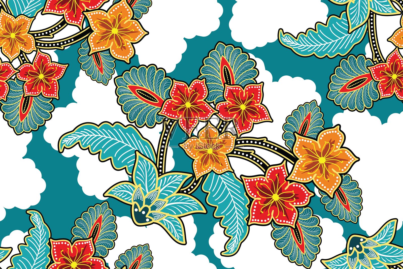 无缝模式与花卉矢量插图，热带蜡染图案插画图片素材