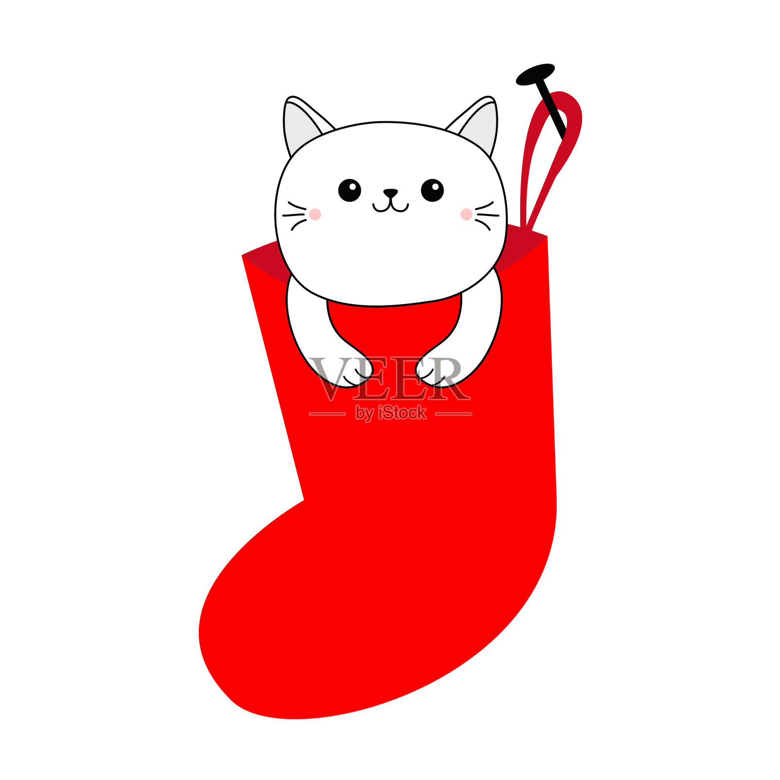 可爱的猫在圣诞圣诞袜子。卡通有趣的性格。挂着红色的圣诞老人长袜。滑稽可爱的动物轮廓线涂鸦。圣诞卡片。宠物收集。平面设计。白色背景。插画图片素材