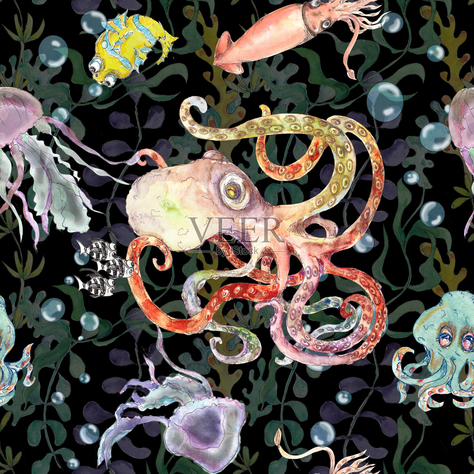 海底航海水彩印花装饰海洋生活复古风格无缝图案插画图片素材