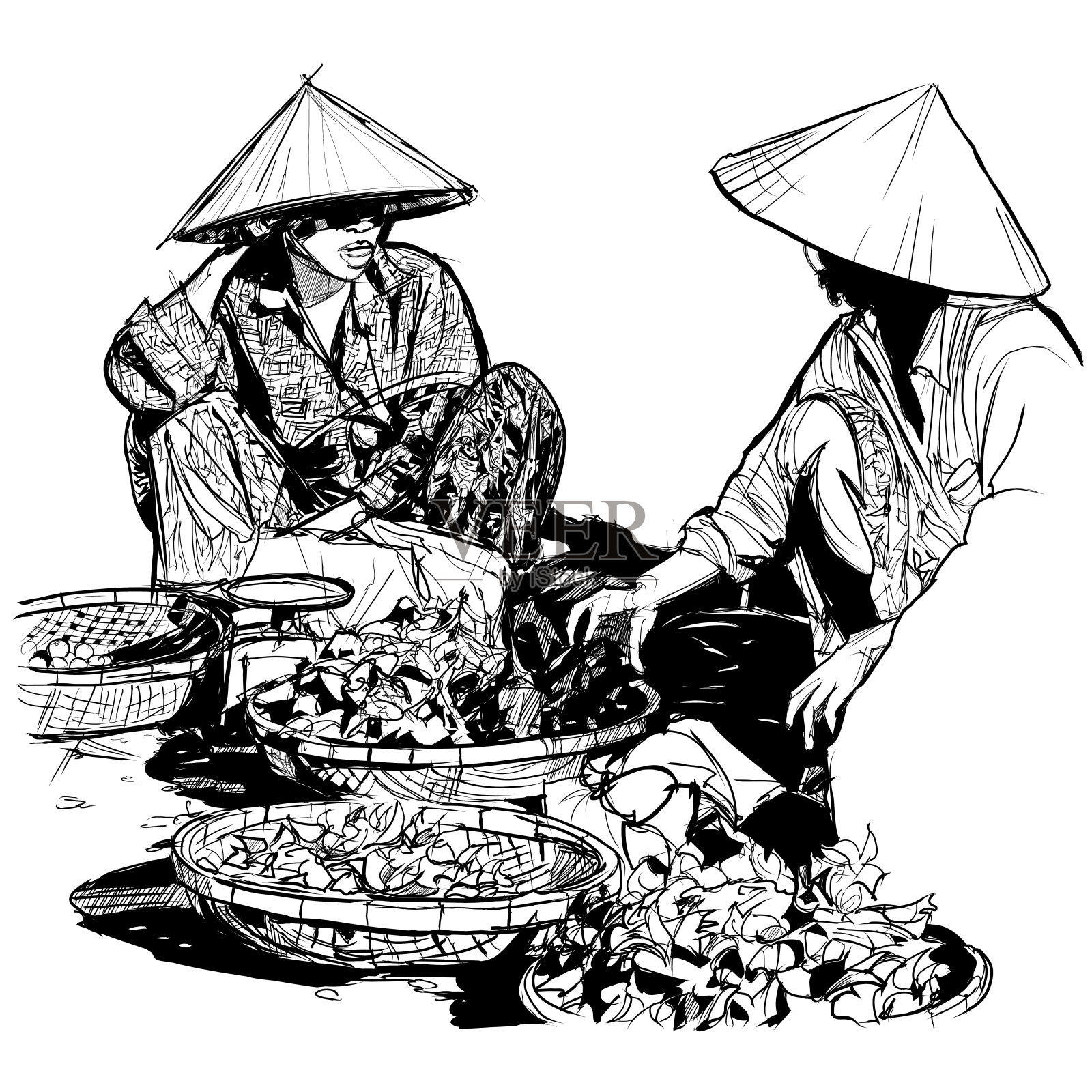 越南当地市场上的卖家插画图片素材