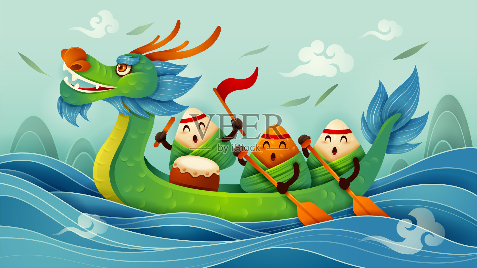 端午节有粽子卡通人物和龙舟上的水。插画图片素材