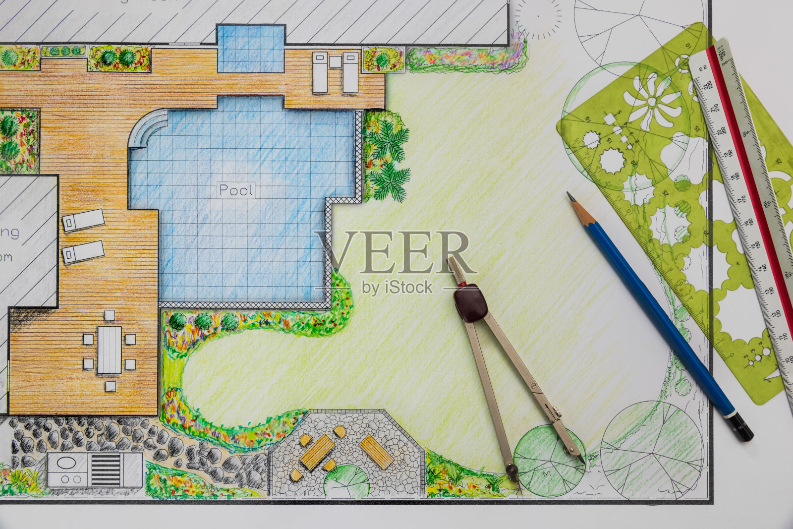 别墅的后院花园和游泳池设计方案。照片摄影图片