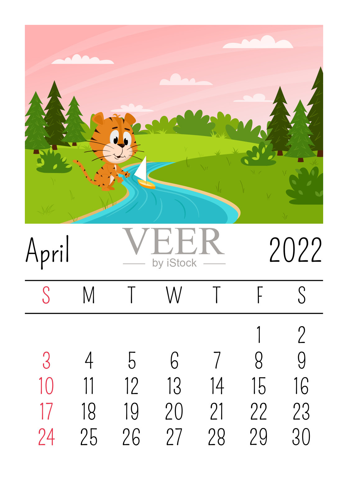 设计模板。2022年4月的日历。一只可爱的卡通老虎在森林的小溪中划船。春天的风景。一年的象征。动物的性格。儿童彩色矢量插图。设计模板素材
