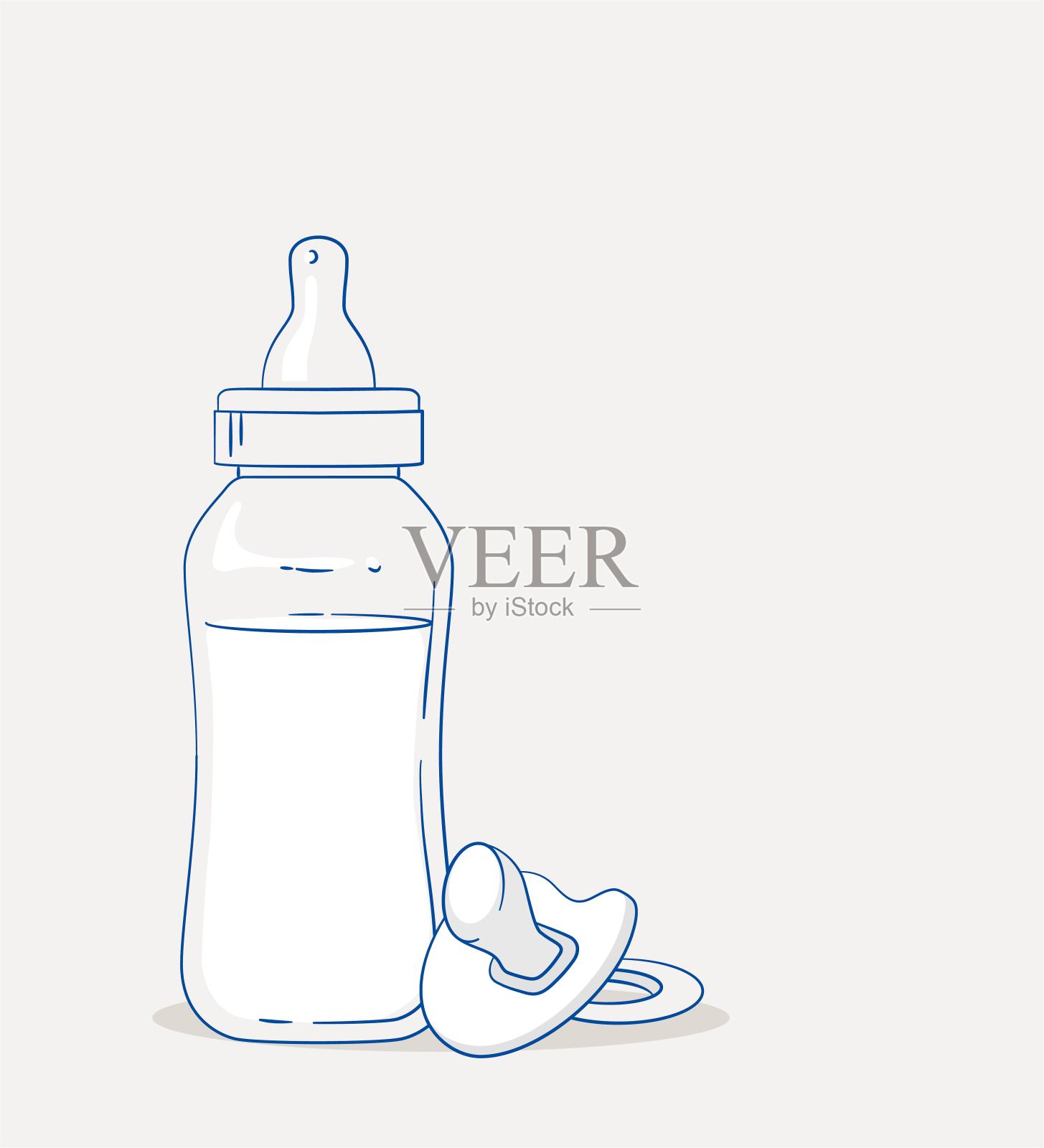 灰色背景下婴儿奶瓶和奶嘴被隔离。插画图片素材