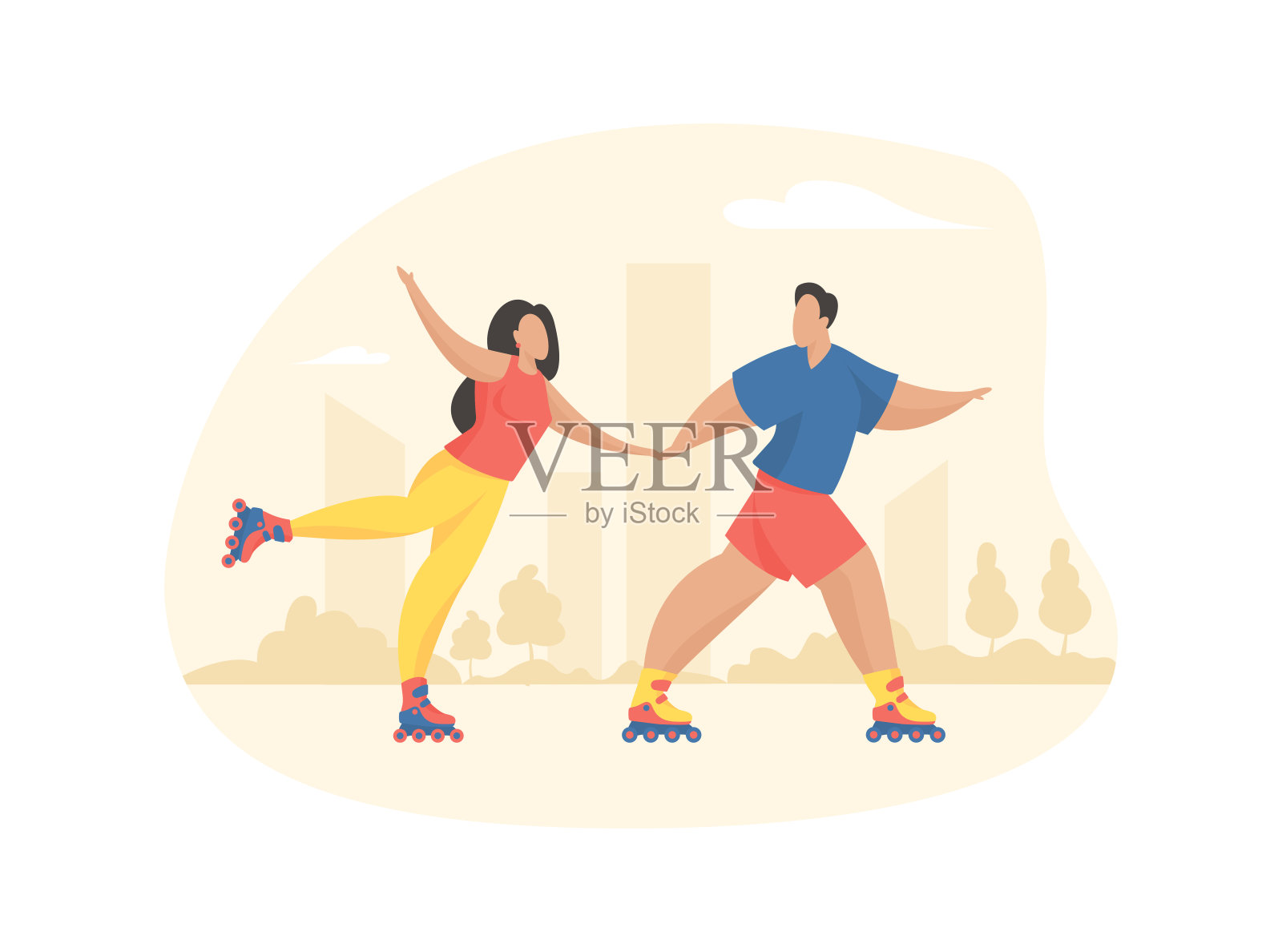 人们在公园里滑旱冰。快乐的男人和女人手牵着手骑在柏油路上插画图片素材