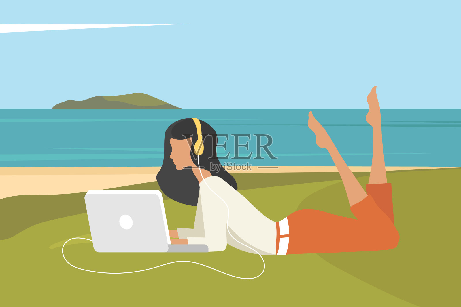 坐在海滩上的女人。度假、度假和旅游的概念。夏天的时间。平面向量插图插画图片素材