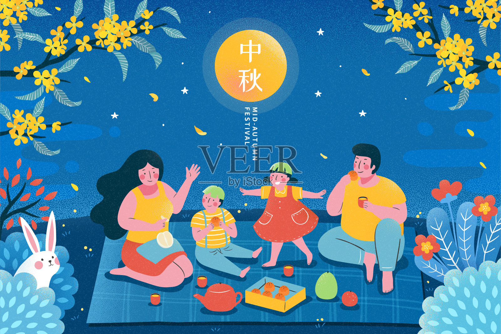 中秋佳節家族賞月吃月餅插圖插画图片素材