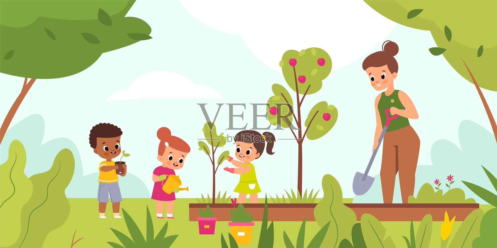 孩子们的花园种植。快乐的孩子和妇女在户外照料植物，妇女和小女孩和男孩挖洞和浇花。夏季景观，矢量卡通孤立概念插画图片素材