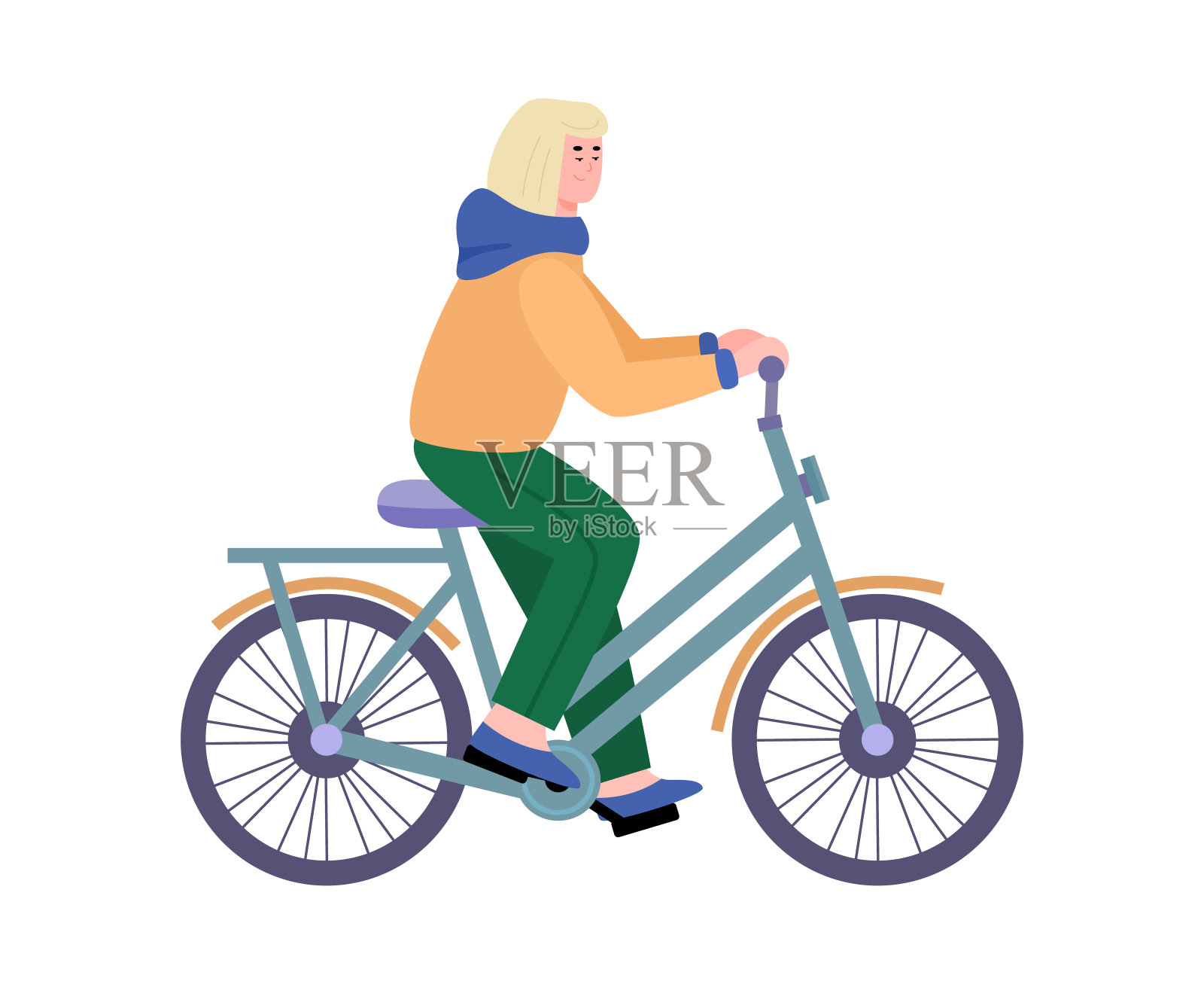年轻快乐的女人骑自行车旅行，户外活动或好玩的旅行。插画图片素材