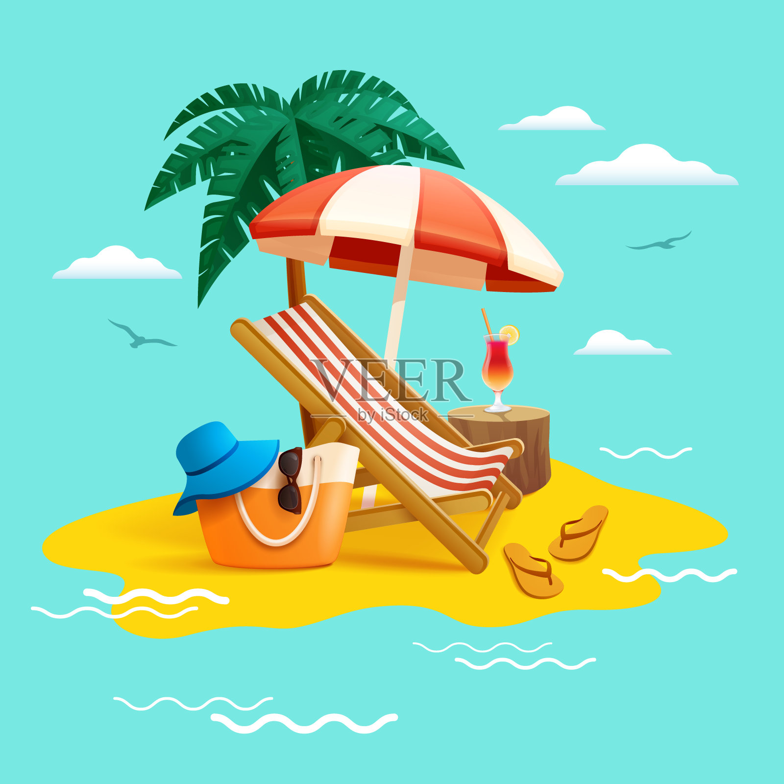 暑假去海滩度假。沙滩椅、沙滩伞、椰子树、沙滩包帽、沙滩人字拖。插画图片素材