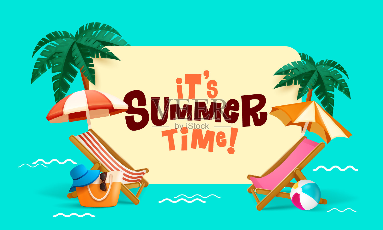 它的夏天!夏日海滩度假度假主题与大招牌。插画图片素材