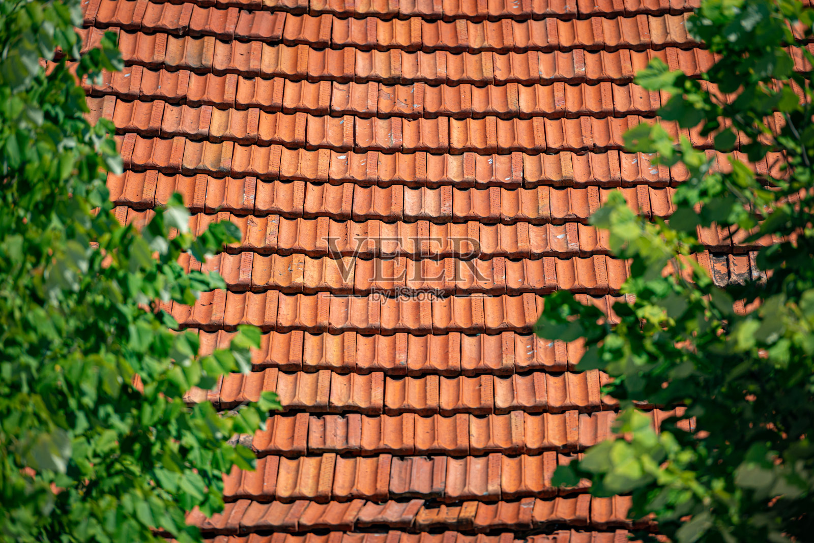 欧洲古老的瓦片屋顶。近距离查看细节。照片摄影图片