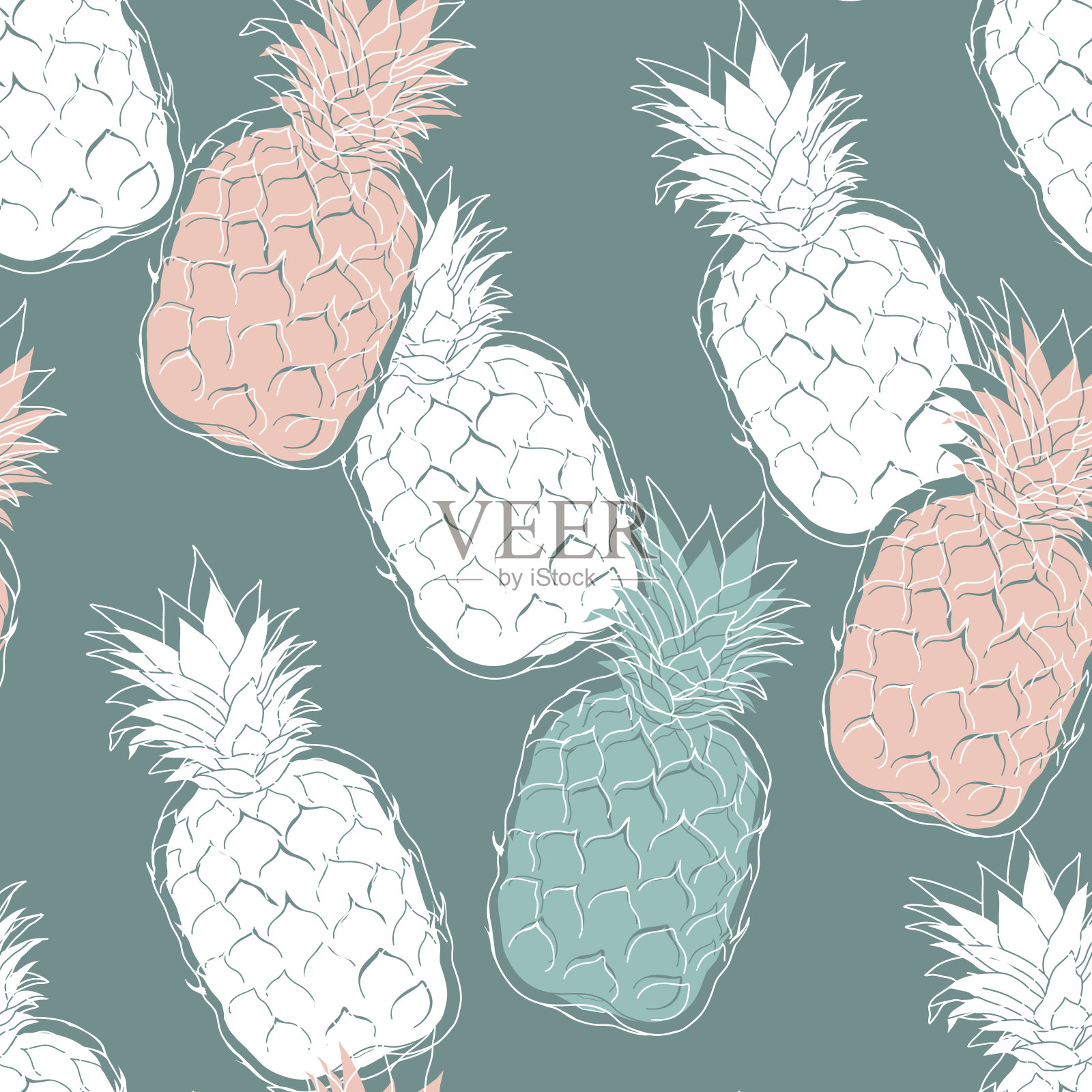 菠萝夏季无缝图案设计与时尚的水果在绿色的背景。插画图片素材