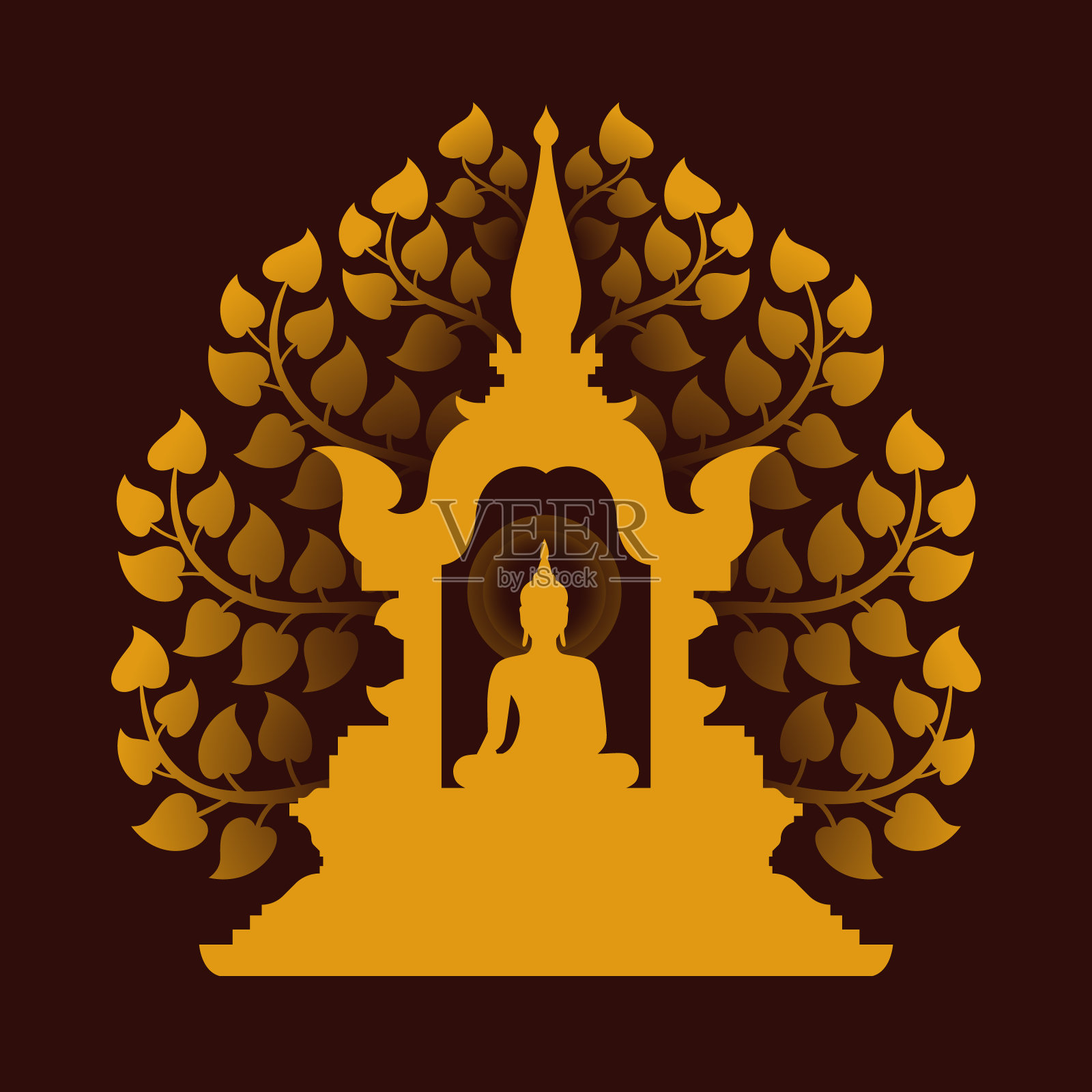 黄金佛禅顶和菩提树背景矢量设计插画图片素材