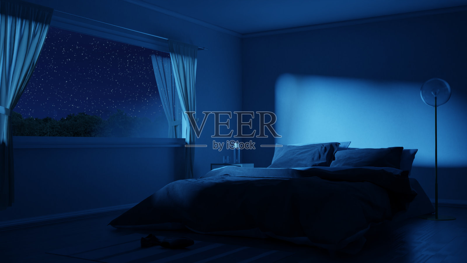 卧室的3d渲染与舒适的低床在晚上照片摄影图片