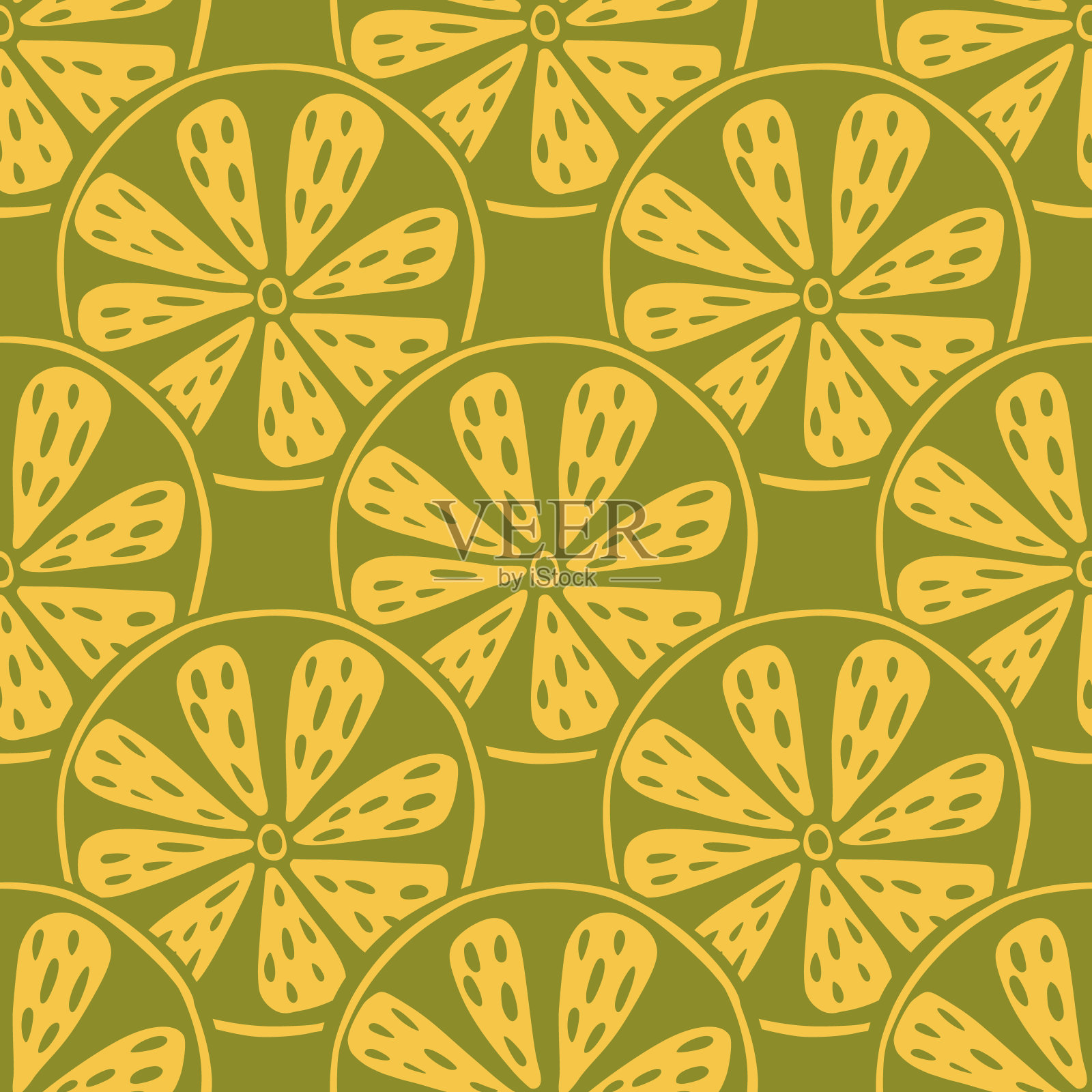 夏季柑橘无缝花纹用抽象柠檬片点缀。绿色和黄色。食物打印。插画图片素材