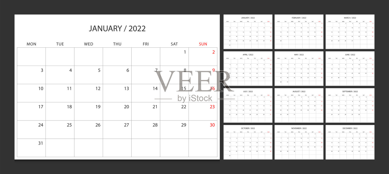 日历2022周周一开始企业设计规划师模板。插画图片素材