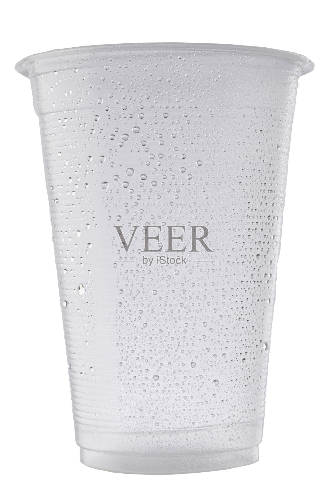 塑料外卖杯，水杯。冰水一次性杯，与水滴冷凝，在白色的背景照片摄影图片