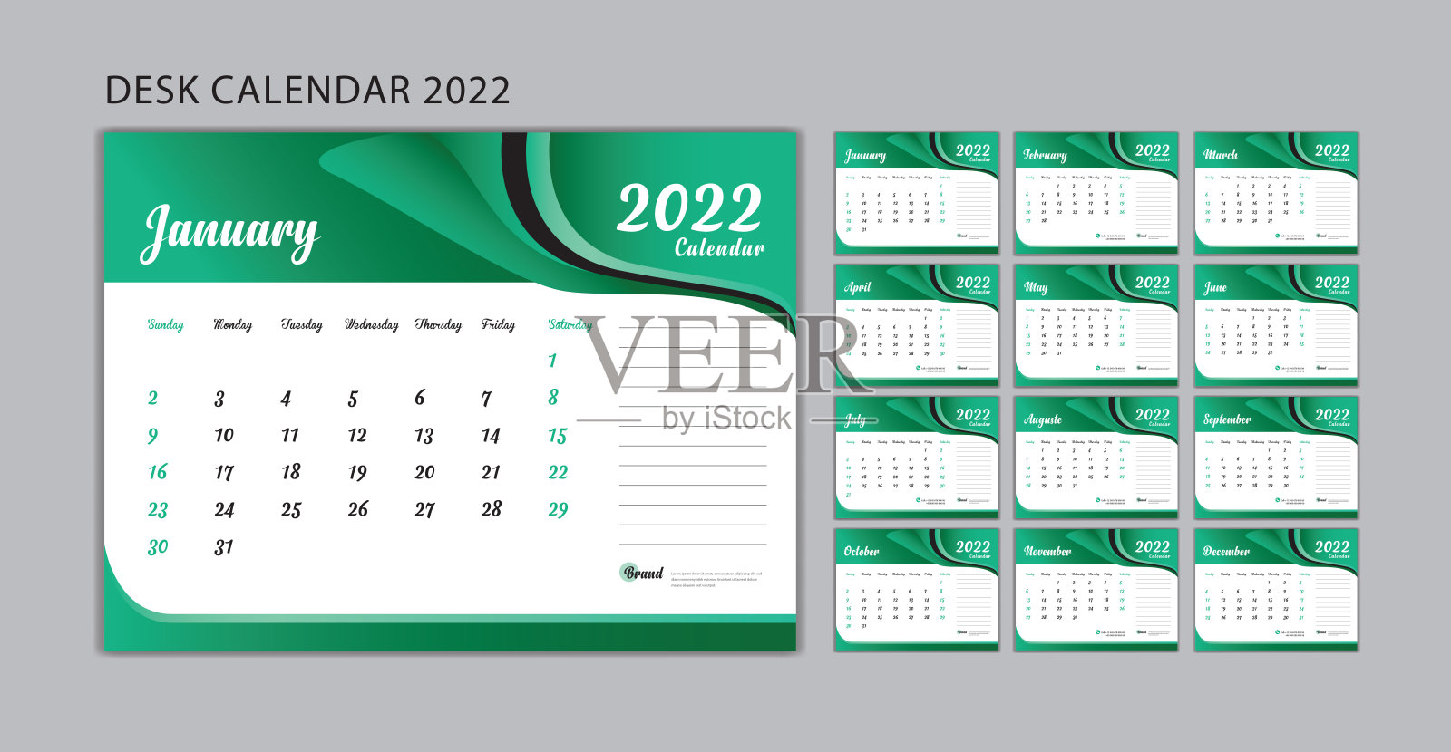 设置桌面日历2022模板矢量，设置12个月，周开始周日，规划师，墙壁日历2022模板，文具，印刷，广告，绿波背景，创意日历设计。设计模板素材