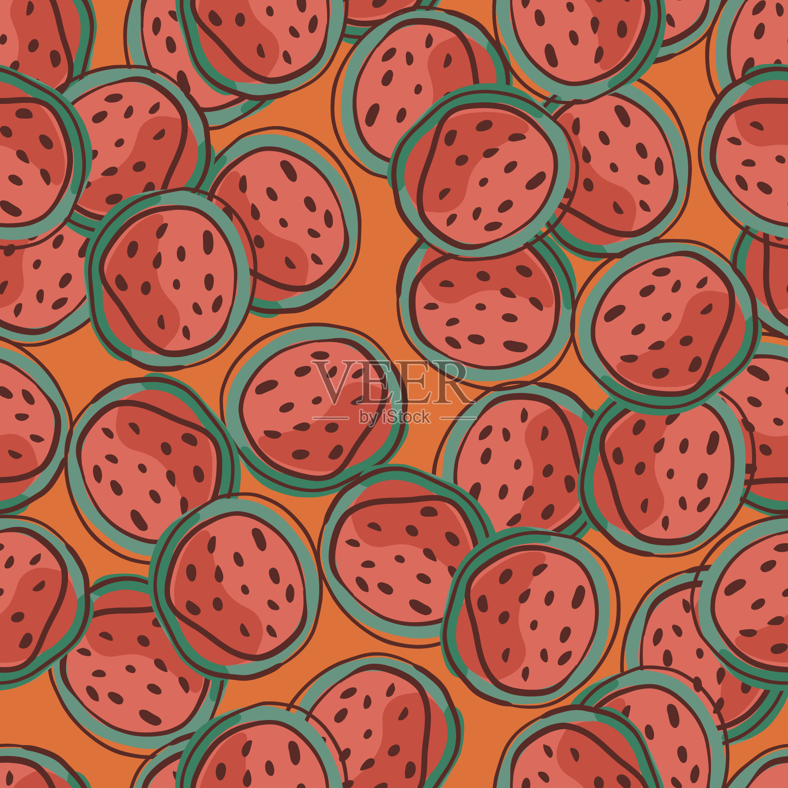 鲜红抽象西瓜半印花无缝图案。橙色背景。热带夏季食物的印记。插画图片素材