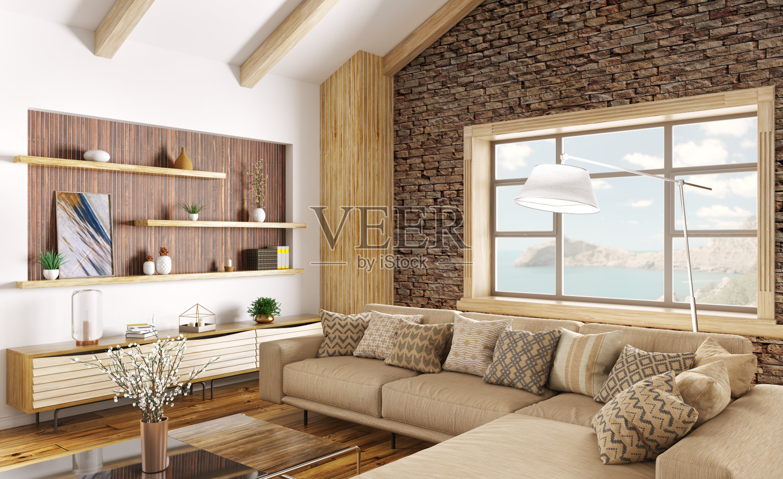 现代客厅内饰有大窗户，米色沙发和木镶板三维渲染的温馨家居设计照片摄影图片