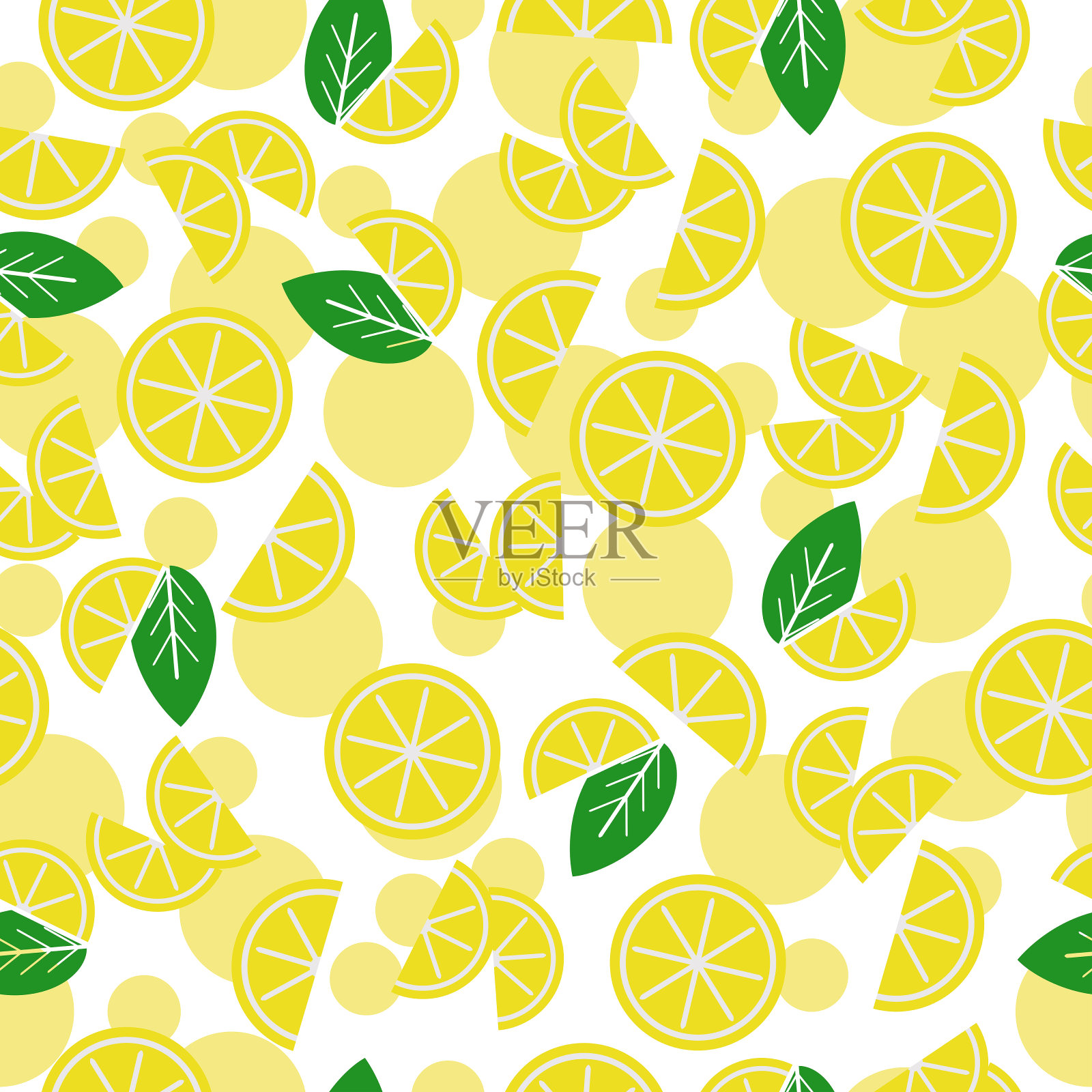 柠檬片和半片无缝图案，亮黄色的柑橘在白色的背景插画图片素材