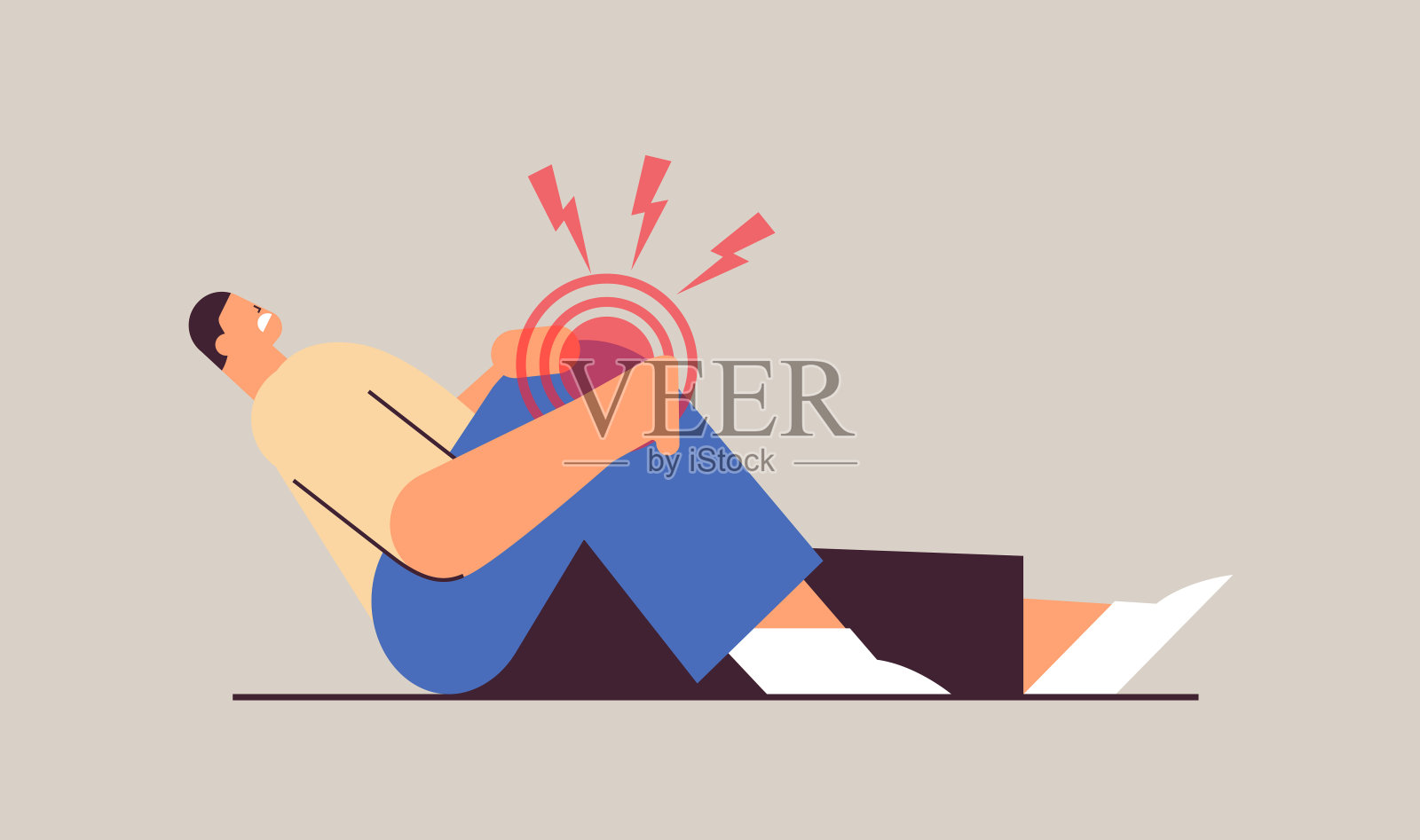 男人膝盖疼痛，肌肉发炎概念疼痛发炎区域用红色突出插画图片素材