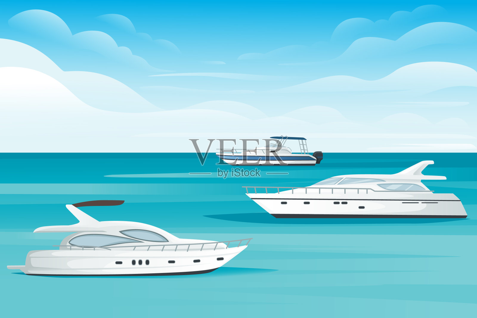 摩托艇上漂浮的蓝色海洋或海洋景观夏日与云平面矢量插图设计元素图片
