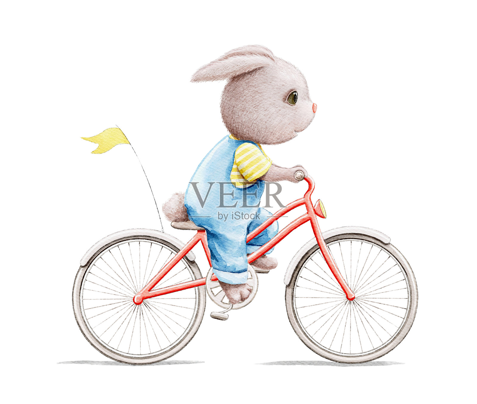 水彩插图与兔子在工作服骑红色自行车设计元素图片