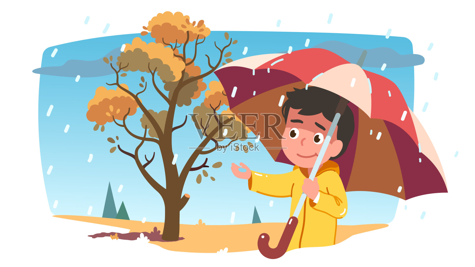 小男孩穿雨衣走，雨天在户外撑伞。儿童人捉雨滴，树与秋天黄色的叶子。秋季平矢量人物插图插画图片素材