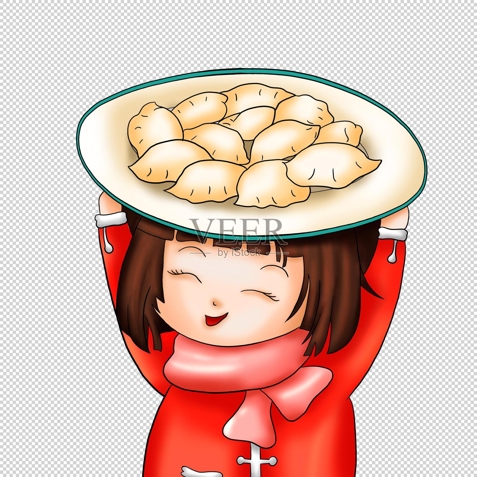 拿饺子的小女孩插画设计元素图片