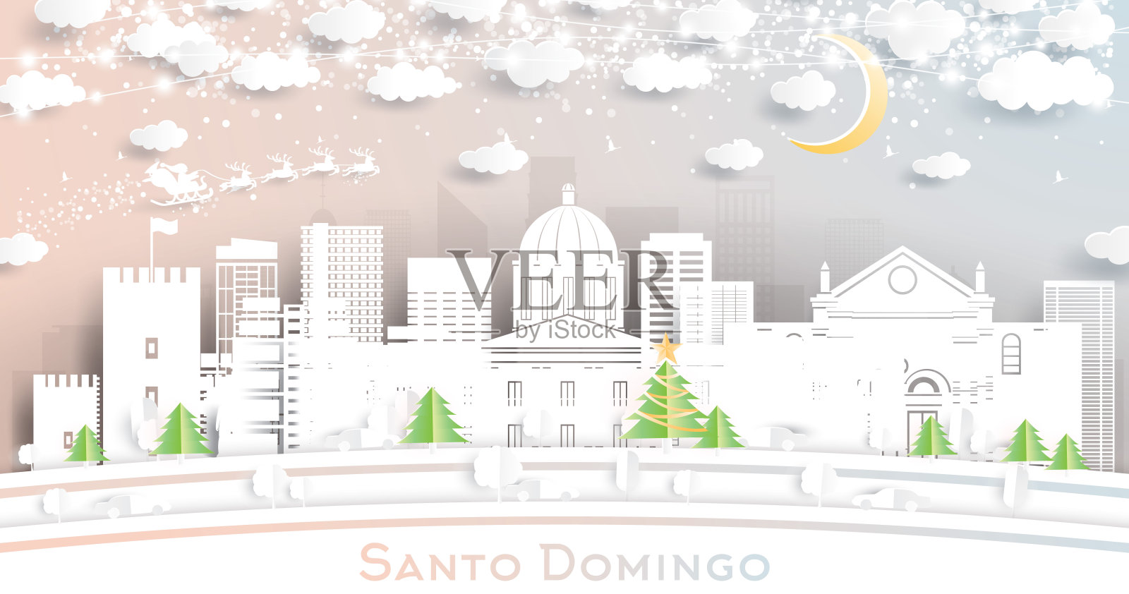 多米尼加共和国圣多明各城市的天际线剪纸风格的雪花，月亮和霓虹花环。插画图片素材