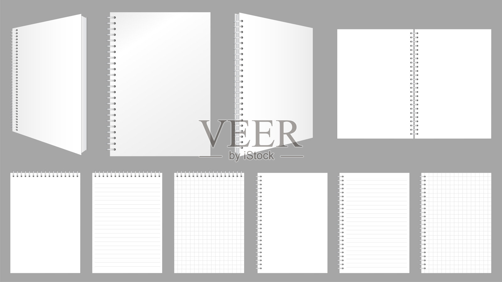 空白螺旋笔记本封面，纸和页与线和检查矢量插图模型集。设计模板素材