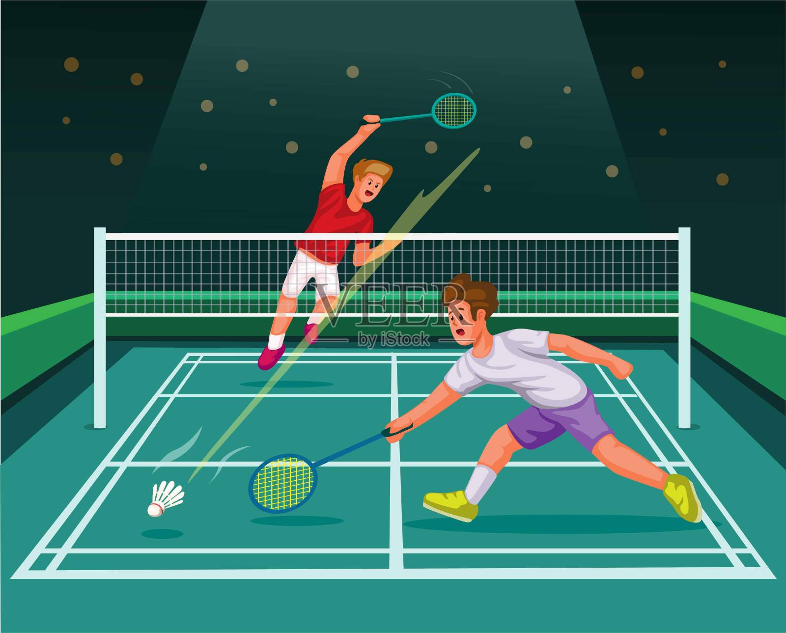 羽毛球运动员粉碎比赛比赛在球场体育体育场卡通插图向量插画图片素材
