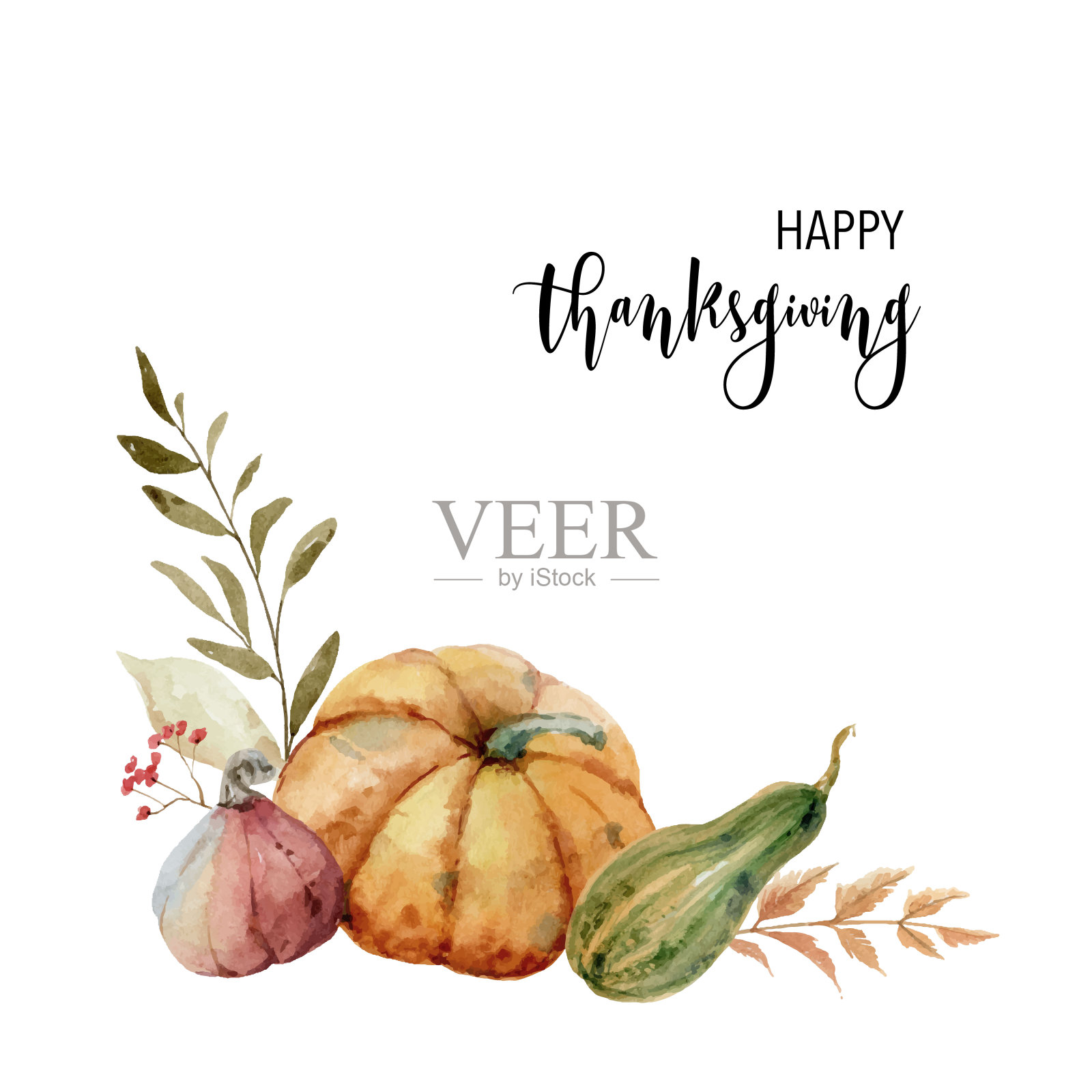 感恩节的水彩画明信片，彩色南瓜的花环，秋天的树枝和白色背景上的书法题词“感恩节快乐”。插画图片素材