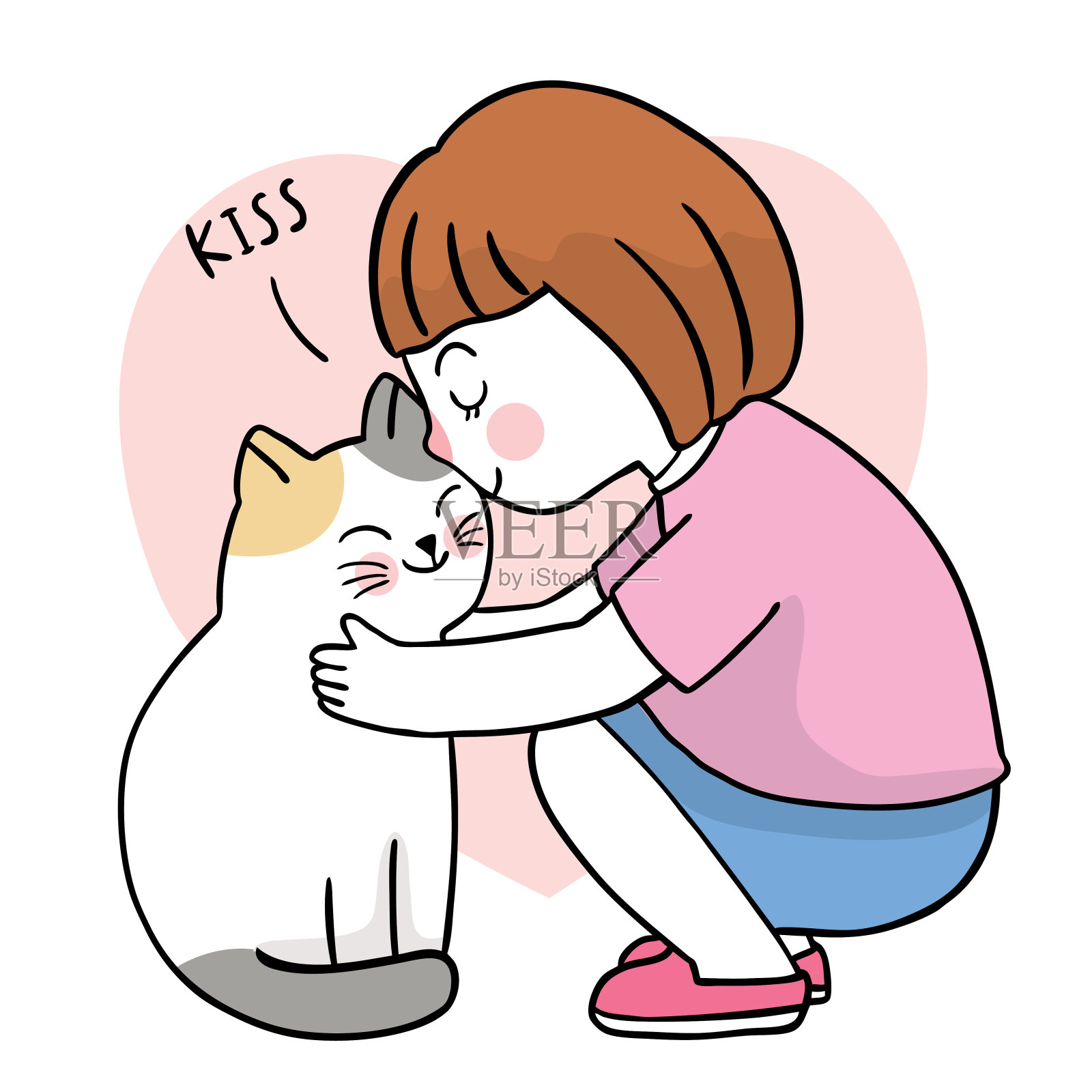 国际接吻日女孩亲吻猫咪插图(国际接吻日、女孩、亲吻、宠物、猫)手绘插图_北极熊素材库