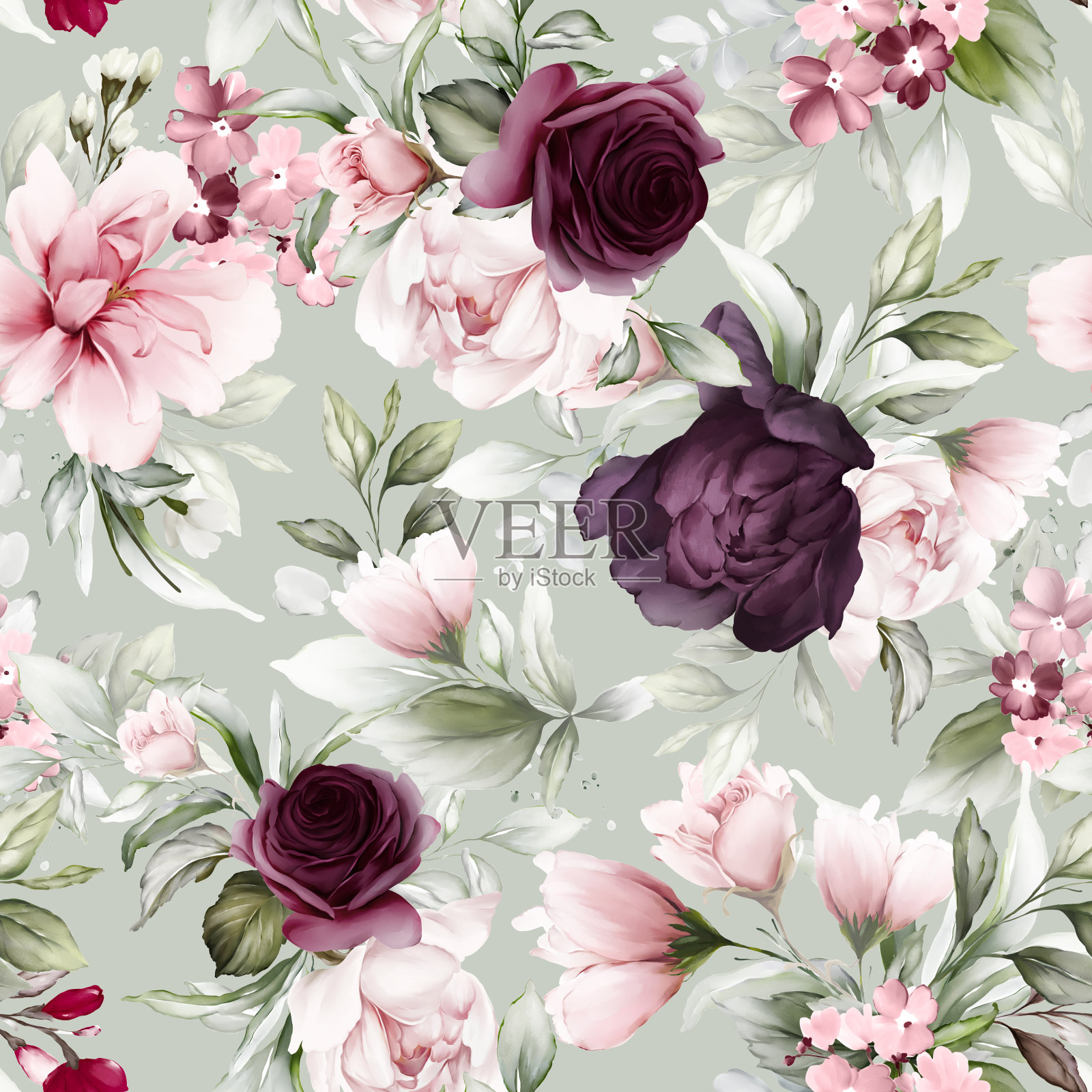 无缝水彩图案与紫色玫瑰和牡丹花在水彩风格。插画图片素材
