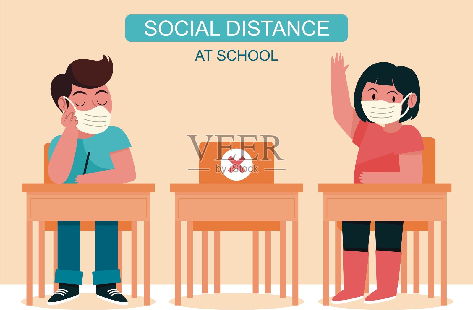 重返校园，体验新的正常生活方式，在课堂上保持社交距离小男孩和小女孩戴着面具坐在教室的桌子上插画图片素材