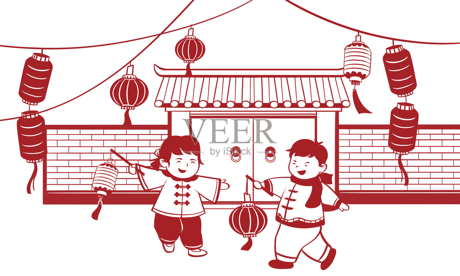 红色喜庆元宵节放花灯儿童提灯笼剪纸插画设计元素图片