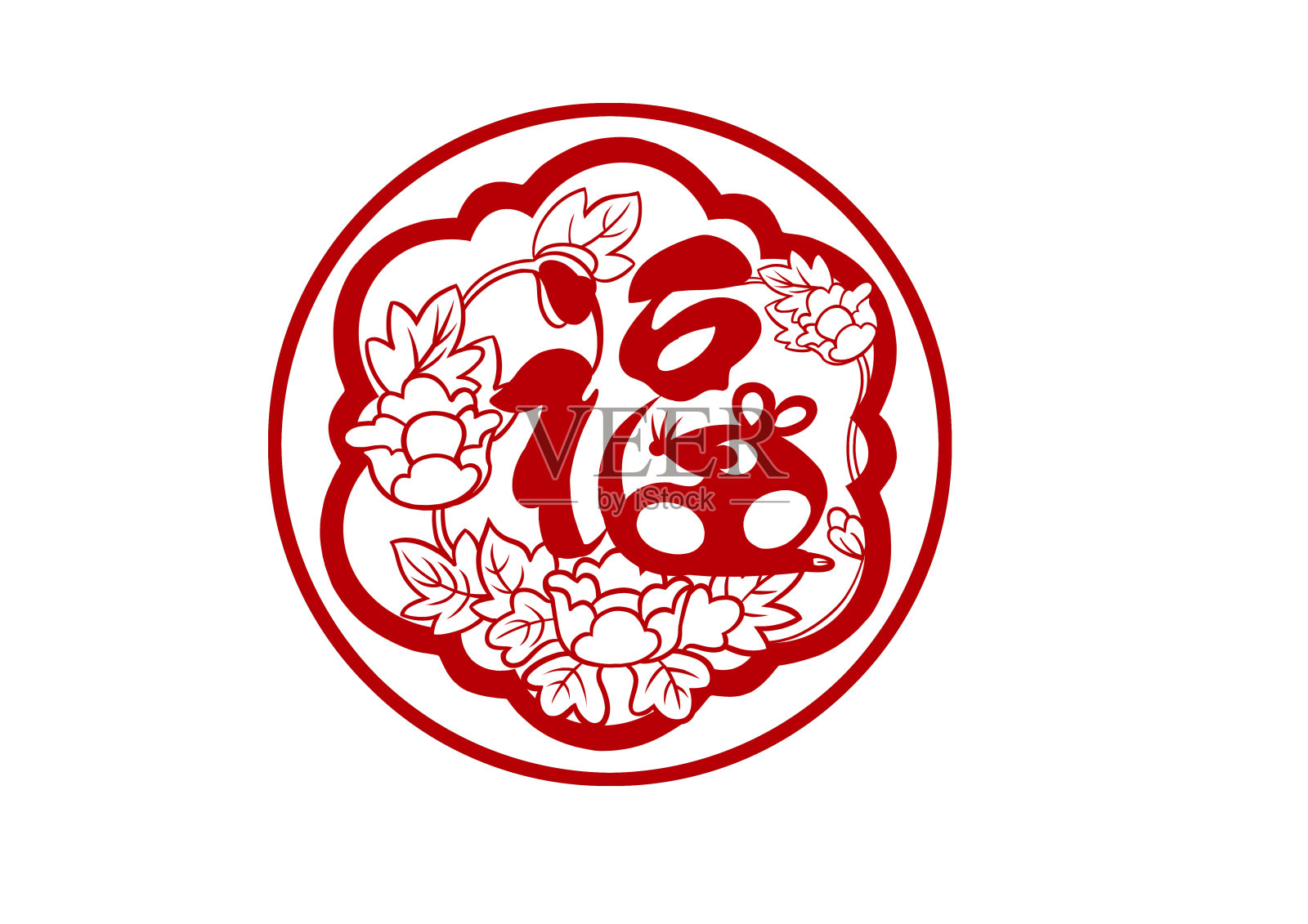 红色喜庆福字圆形窗花剪纸插画设计元素图片