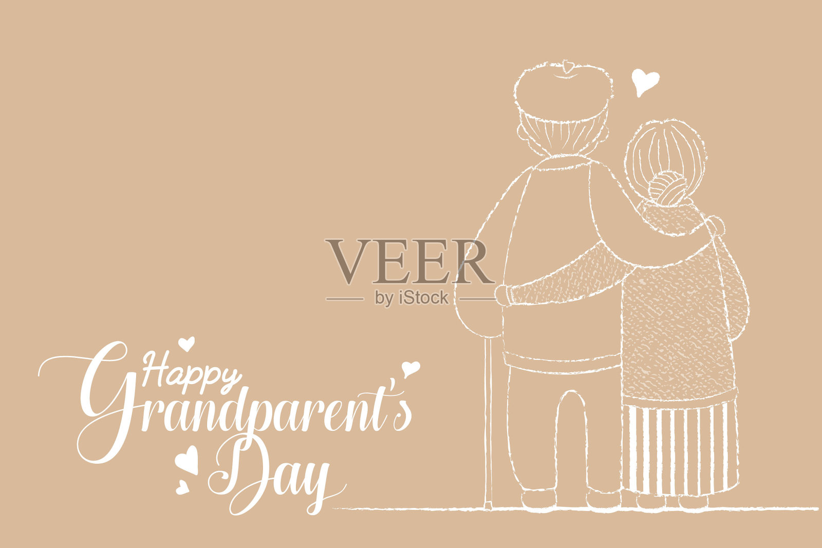 爷爷的一天-线艺术卡通老年夫妇拥抱在一起插画图片素材
